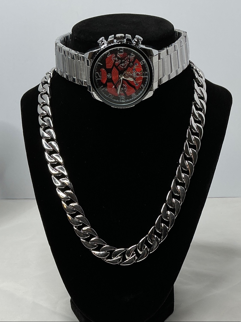 Men's Silver Chain Necklace and Orange tone Dial Silver Watch Set